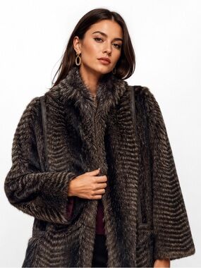 Vintage Lilli Ann 1960s Faux Fur Chevron Herringbone Statement Coat
